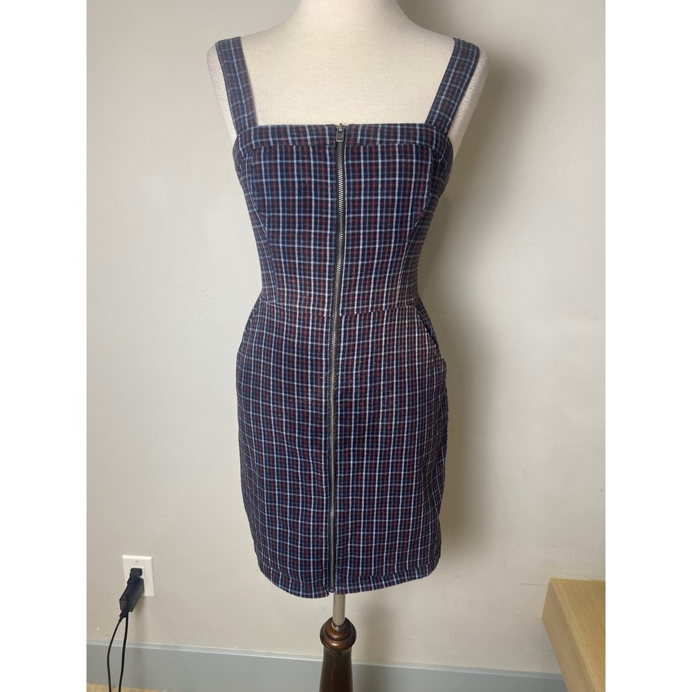 Hollister Plaid Full Zip Front Mini Dress Navy Blue Red XS Sleeveless Bodycon